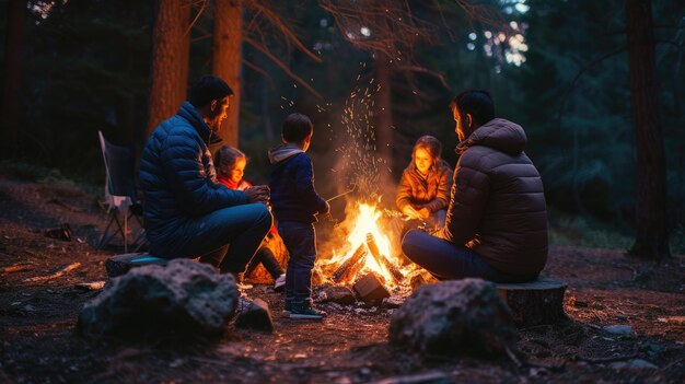 Een groep mensen zit rond een kampvuur in het bos AIG41