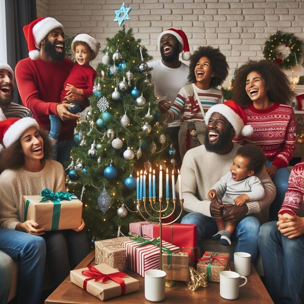 Een groep mensen zit rond een kerstboom en een van hen draagt een kerstman trui.