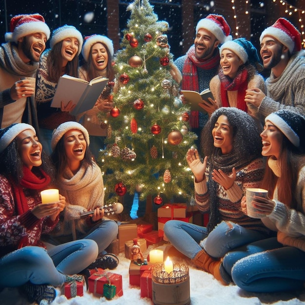Een groep mensen zit rond een kerstboom.