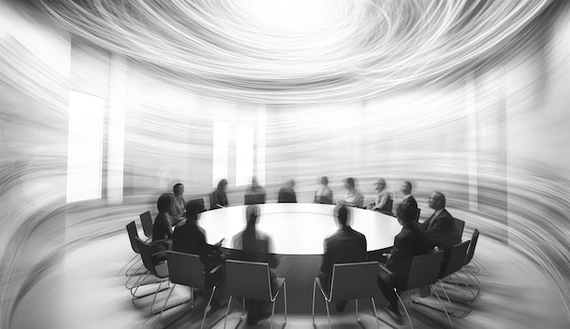 Een groep mensen zit rond een ronde tafel met een cirkelvormig ontwerp