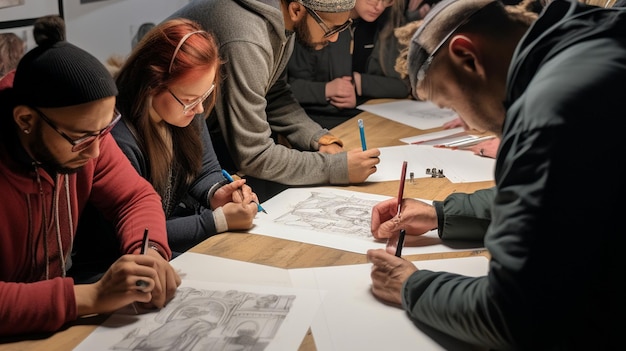 Een groep mensen zit rond een tafel, een van hen tekent op een stuk papier