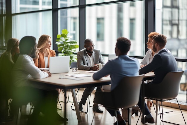 een groep mensen zit rond een tafel en praat