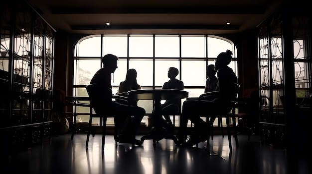 Een groep mensen zit rond een tafel in een donkere kamer met daarachter een groot raam.