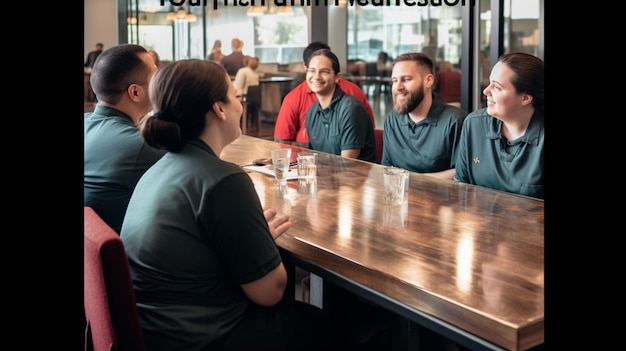 Een groep mensen zit rond een tafel met de woorden uw mannen onder de loep.