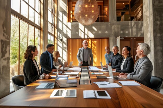 Foto een groep mensen zit rond een tafel met een vergadering.