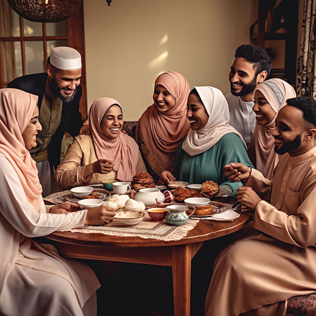 Een groep mensen zit rond een tafel met eten erop.