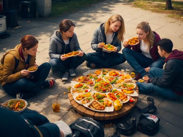 Een groep mensen zit rond een tafel met eten erop.