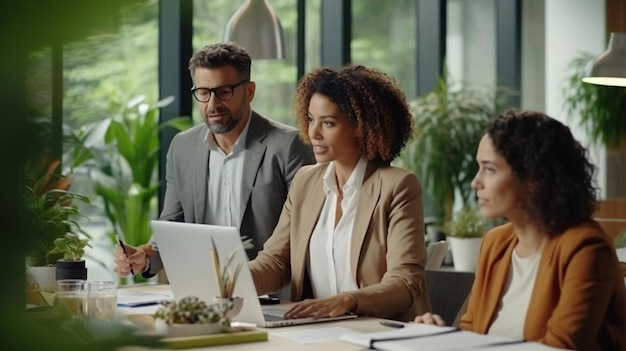 een groep mensen zit rond een tafel met laptops en een plant op de achtergrond