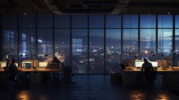 Een groep mensen zit's nachts aan een bureau in een kantoor AIG41