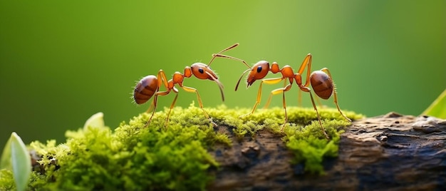 een groep mieren die bovenop een met mos bedekte boomstam staan