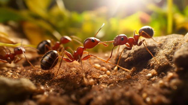 Een groep mieren die samen werken, genereerde een foto-macro.