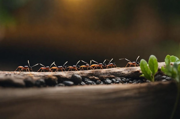 Een groep mieren staat in een rij op een plant.