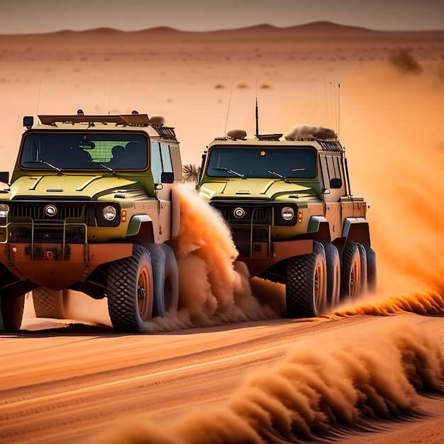 Een groep militaire voertuigen rijdt over een stoffige weg