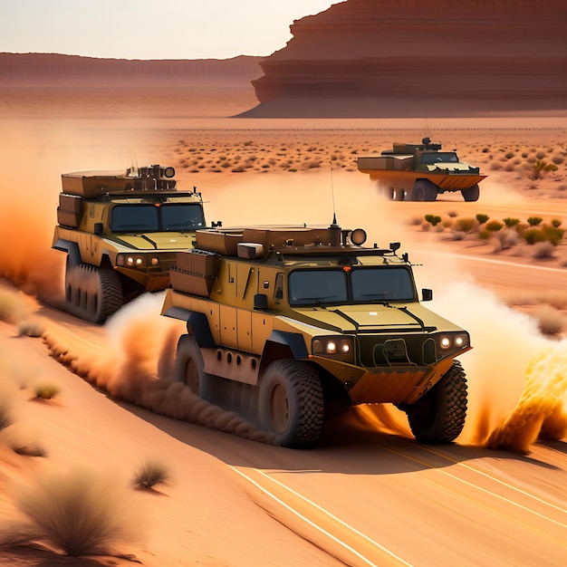 Een groep militaire voertuigen rijdt over een stoffige weg