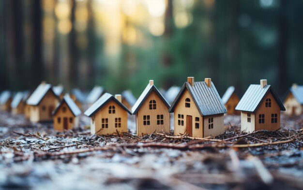 Een groep miniatuurhuizen tussen de bomen in een weelderig bos