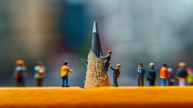 Foto een groep miniatuurmensen klimt op een potlood het potlood ligt op een houten tafel de mensen dragen verschillende gekleurde kleding