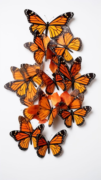 een groep monarchvlinders wordt getoond op een witte achtergrond.