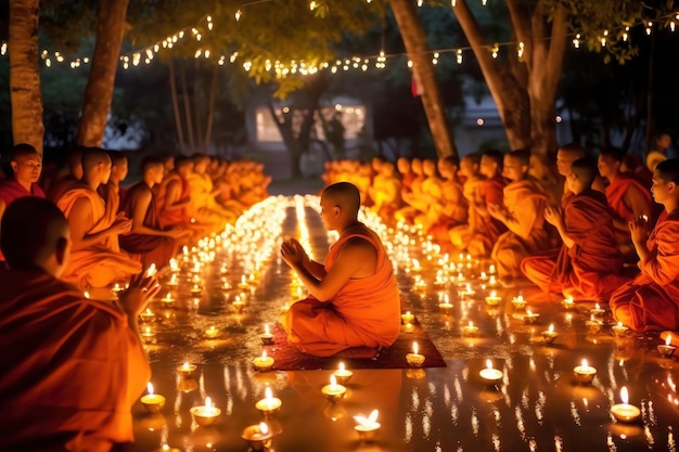 Een groep monniken bidt in een park met brandende kaarsen