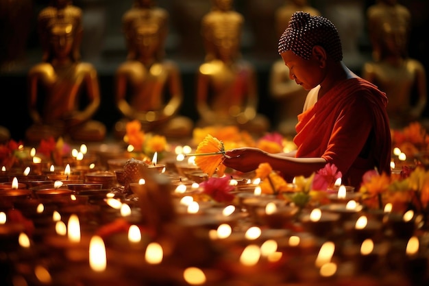 Een groep monniken zit in een kring met kaarsen voor zich