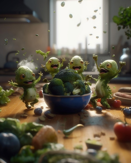 Een groep monsters in een keuken met broccoli en andere groenten.