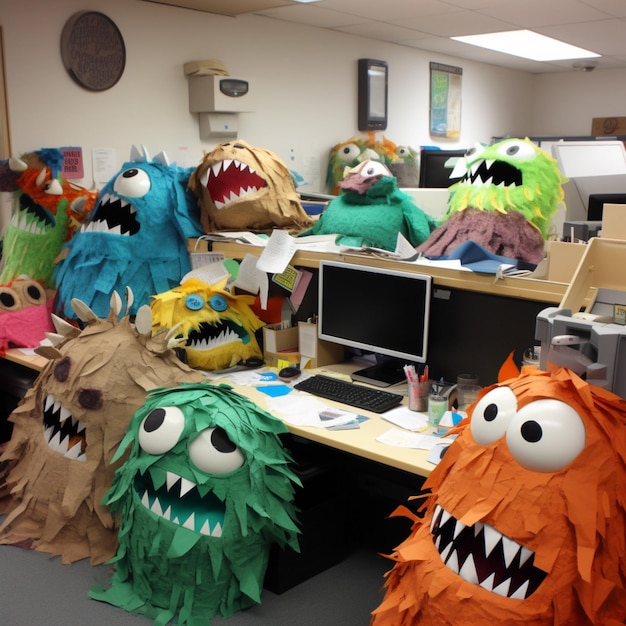 Een groep monsters van papier-maché staat op een bureau.