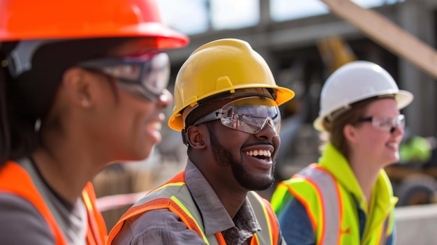 Een groep multi-etnische arbeiders op een bouwplaats met een helm die praten