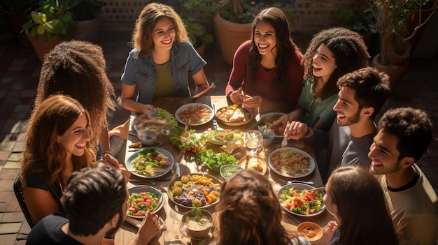 Een groep multi-etnische vrienden die samen aan een tafel in de open lucht genieten van een maaltijd