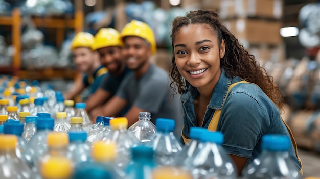Een groep multiraciale arbeiders aan het werk in een recyclingfabriek voor plastic flessen