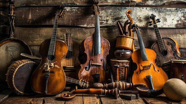 Foto een groep muziekinstrumenten die op een houten vloer rusten