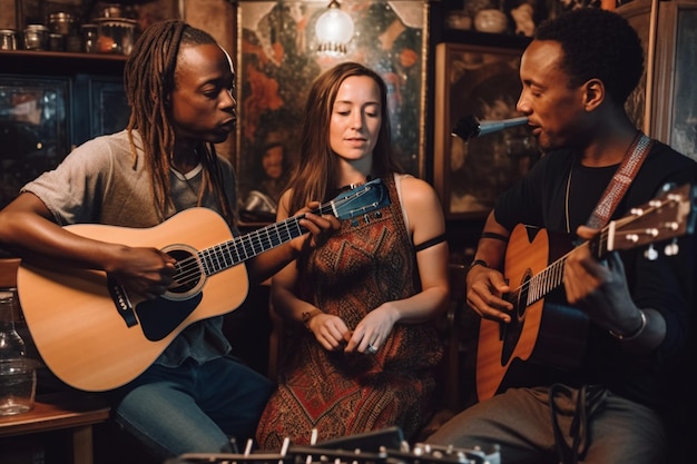 Een groep muzikanten speelt muziek in een bar.