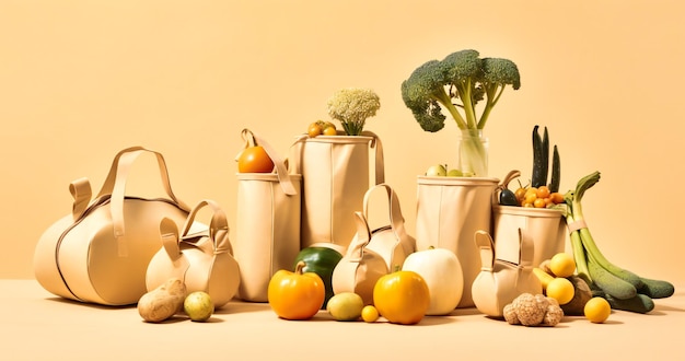 Een groep natuurlijke remedies met kruidenzakjes groenten en fruit