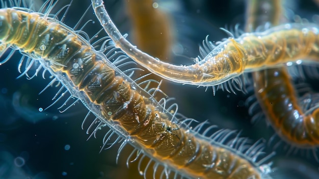 Een groep nematoden, die in een vloeibare oplossing waren opgesloten, met elk hun lange, dunne lichaam, verweven in de