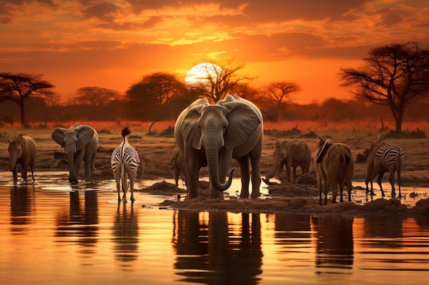 een groep olifanten en zebra's die water drinken bij zonsondergang