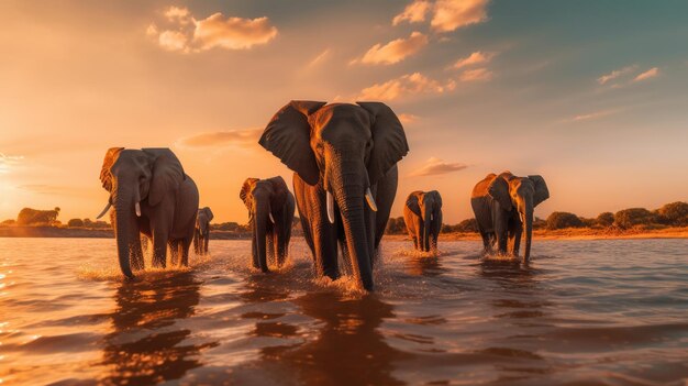 een groep olifanten loopt in het water bij zonsondergang
