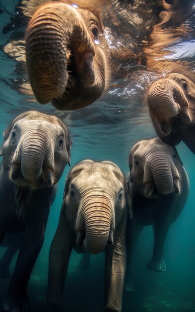 een groep olifanten zwemt in het water met het nummer 5 op de rug