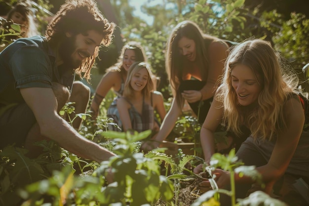 Een groep ondernemers plant en verzorgt een gemeenschapstuin, voedt planten en geniet van de buitenlucht.