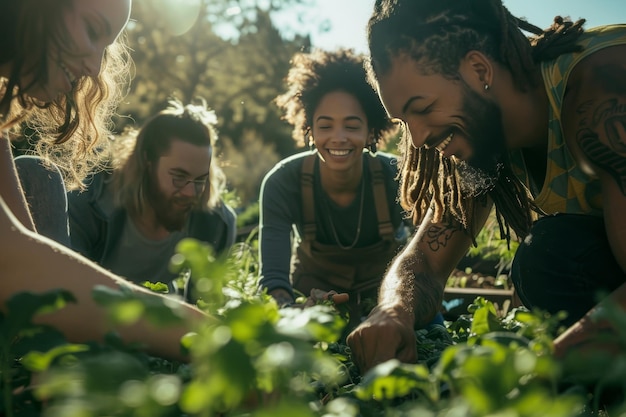 Een groep ondernemers plant en verzorgt een gemeenschapstuin, voedt planten en geniet van de buitenlucht.