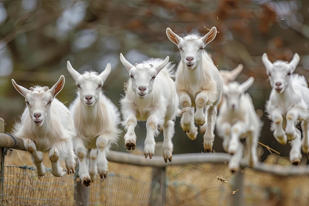 een groep ondeugende geiten die een gedurfde ontsnapping uit hun hok organiseren om aan een opwindend avontuur door het platteland te beginnen door over hekken te springen en te ontsnappen