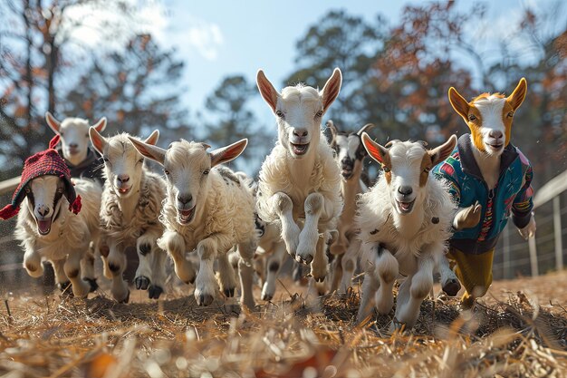 een groep ondeugende geiten die een gedurfde ontsnapping uit hun hok organiseren om aan een opwindend avontuur door het platteland te beginnen door over hekken te springen en te ontsnappen