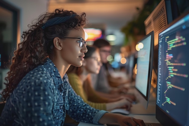 Een groep ontwikkelaars, mannen en vrouwen, die samen werken aan het programmeren van een e-commerce website