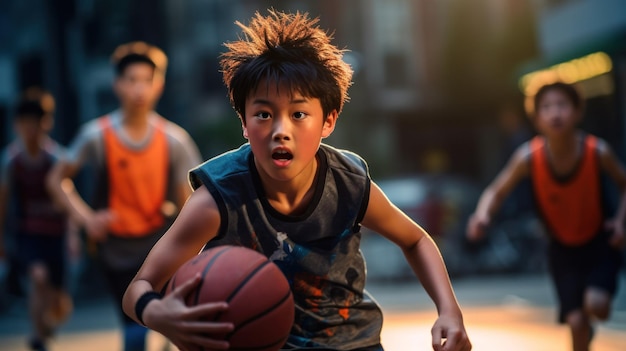 Een groep opgewonden Aziatische kinderen die basketbal spelen