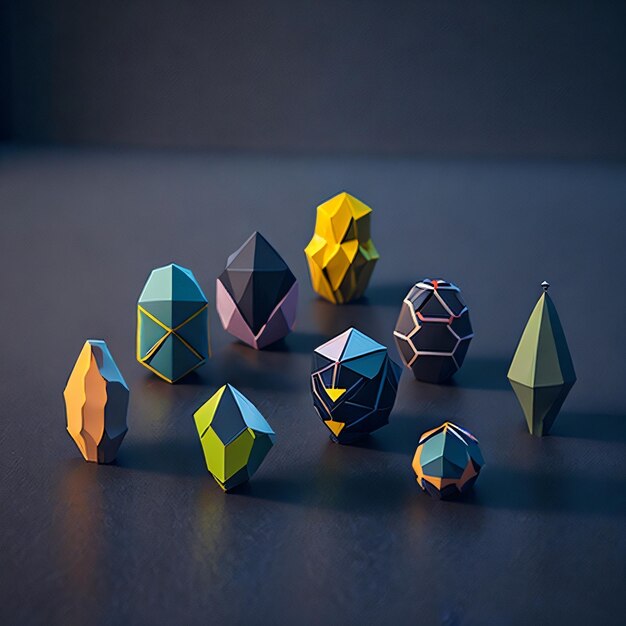 Een groep origami-objecten met verschillende vormen en kleuren is in een cirkel gerangschikt.