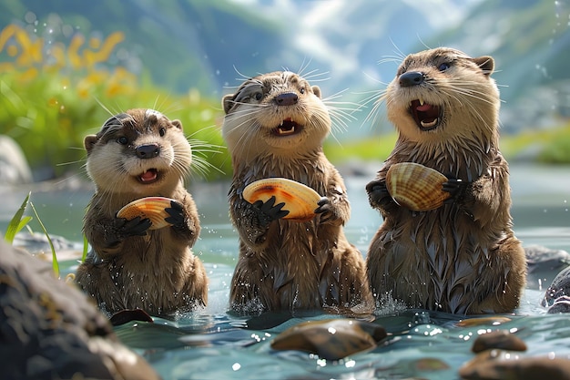 een groep otters die een rockband vormen aan de oever van de rivier met een die een clamshell gitaar speelt en een andere die een rots als drums gebruikt