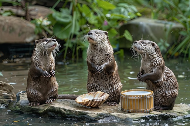 een groep otters die een rockband vormen aan de oever van de rivier met een die een clamshell gitaar speelt en een andere die een rots als drums gebruikt