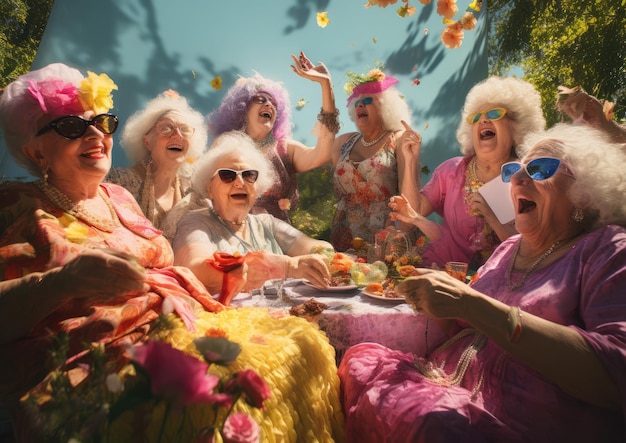 Een groep oude oma's verzameld in een park en verwikkeld in een levendig gesprek. Het beeld is vastgelegd