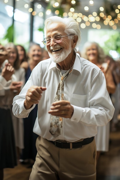 Een groep oude oudere mensen die samen op een feestje dansen