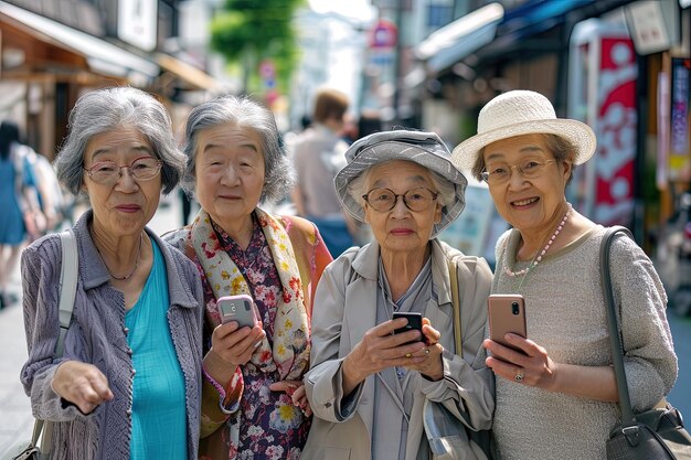 Een groep oudere Aziatische vriendinnen die een selfie maken tijdens de zomervakantie.