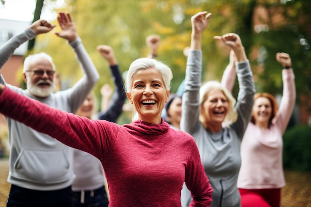 Foto een groep oudere volwassenen die deelneemt aan een fitnessles ter bevordering van een gezonde levensstijl