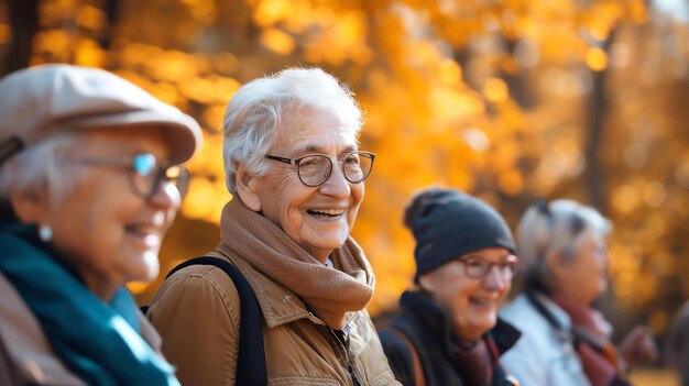 Foto een groep oudere vrienden geniet van een wandeling in het park op een prachtige herfstdag