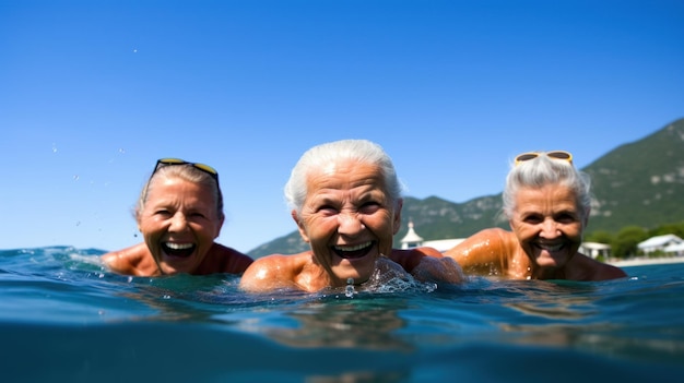 Een groep oudere vrouwelijke vrienden die samen de zee in gaan.